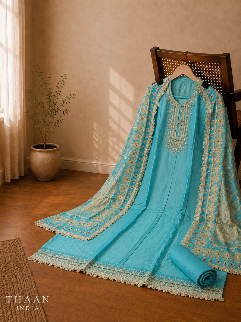 Aqua Blue Tissue Shimmer Suit Set