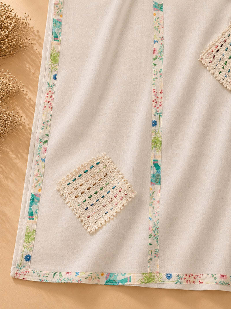 Ivory Heritage Print Cotton Suit Set with Embroidered Organza Dupatta