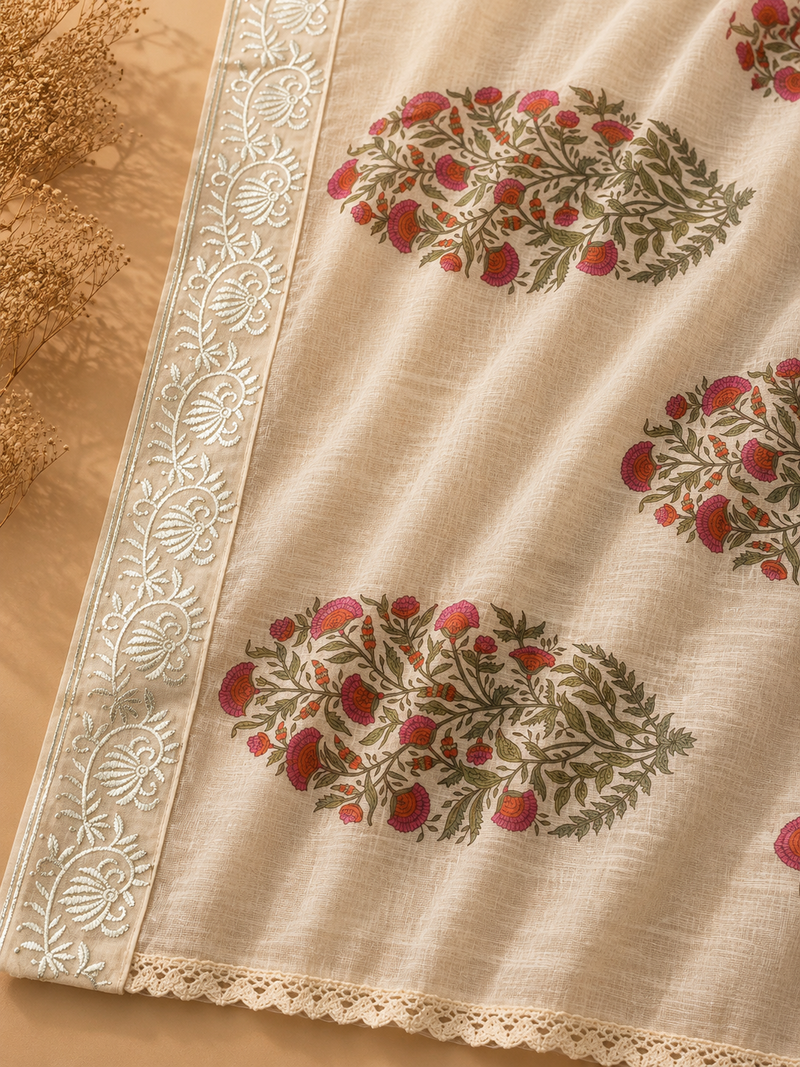 Ivory Pure Cotton Suit Set with Floral Buti Print & Embroidered Dupatta