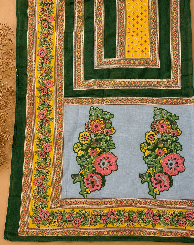 Jaam Cotton Printed Suit Set with Cotton Dupatta & Rayon Bottom – Emerald Green