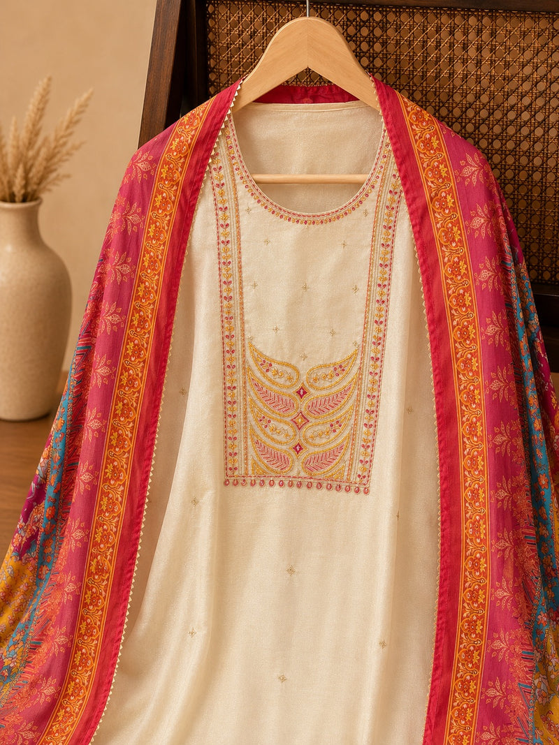 Ivory Pure Tissue Shimmer Suit Set with Digital Printed Chinnon Dupatta