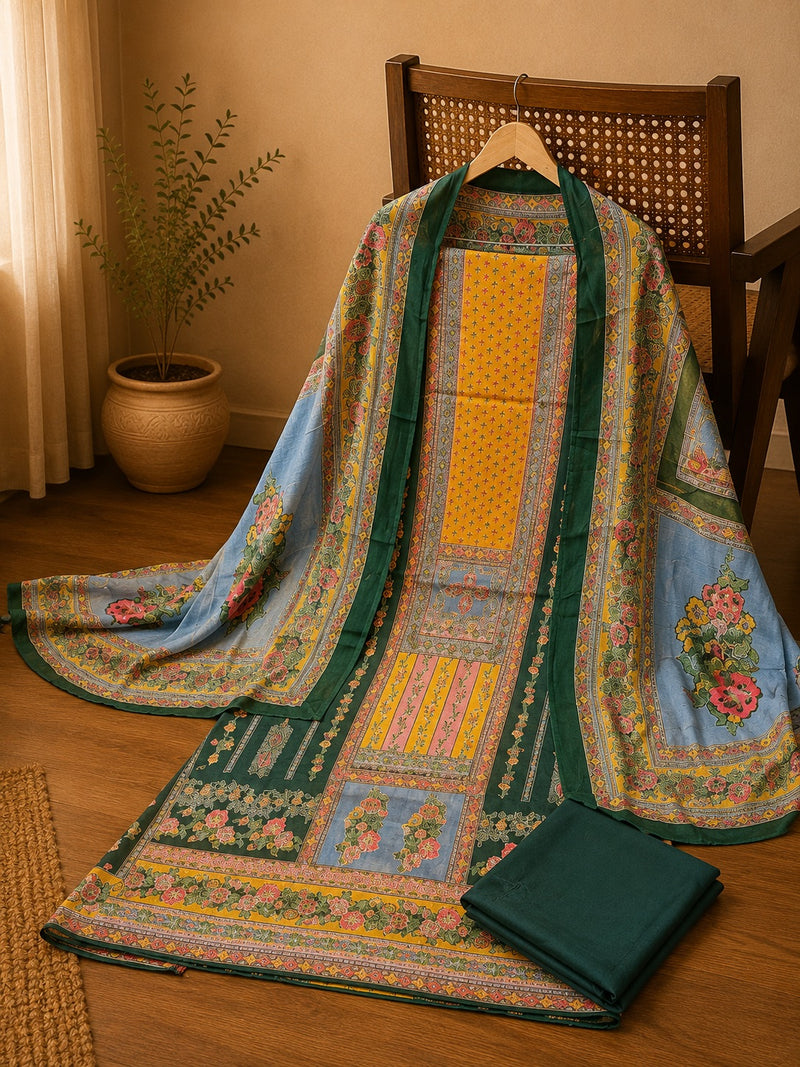 Jaam Cotton Printed Suit Set with Cotton Dupatta & Rayon Bottom – Emerald Green