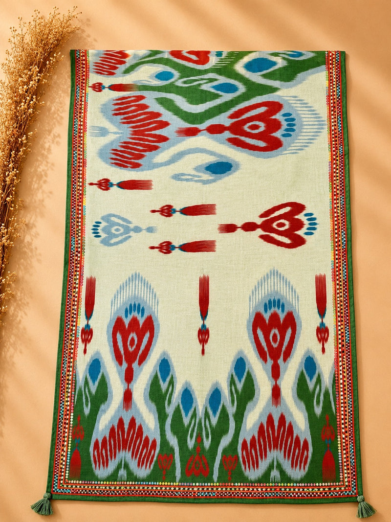 Ivory Linen Cotton Suit Set with Multicolor Embroidered Yoke & Printed Dupatta