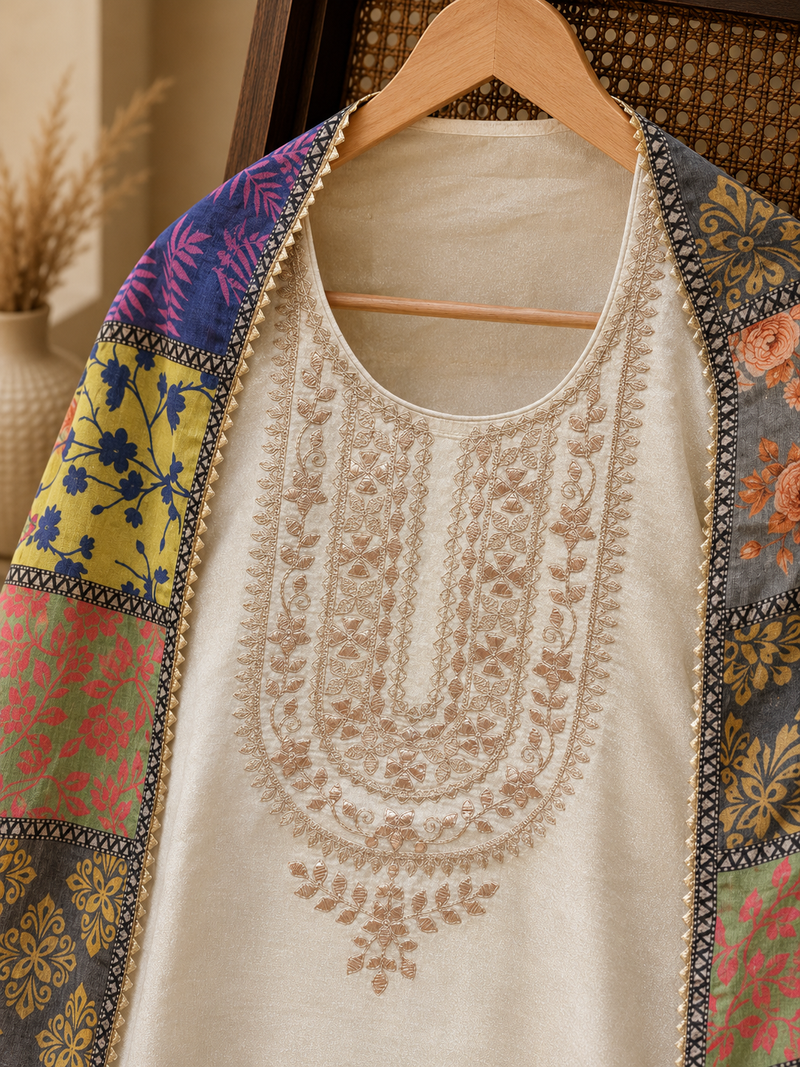 Ivory Tissue Shimmer Suit Set with Patchwork Printed Dupatta