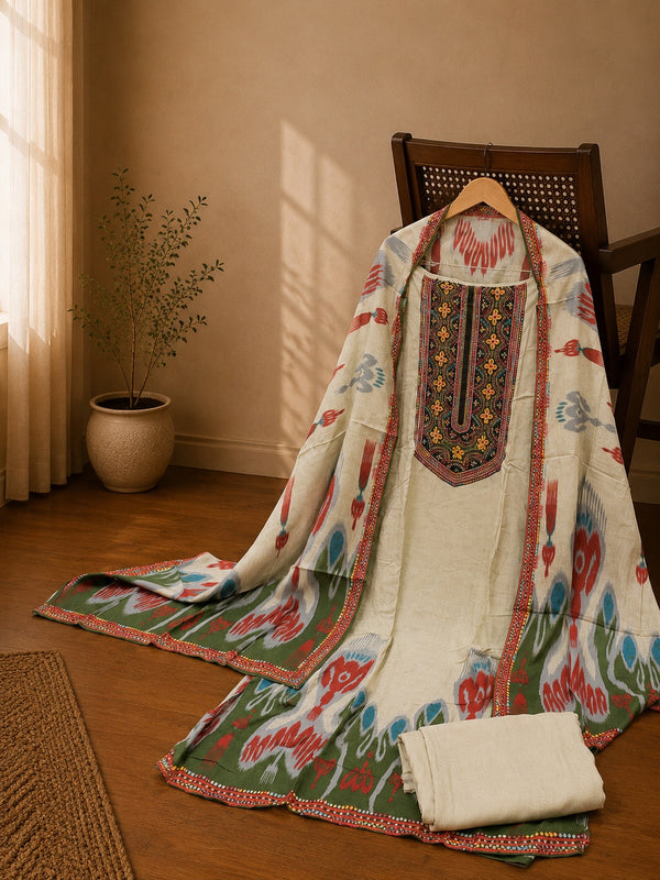 Ivory Linen Cotton Suit Set with Multicolor Embroidered Yoke & Printed Dupatta