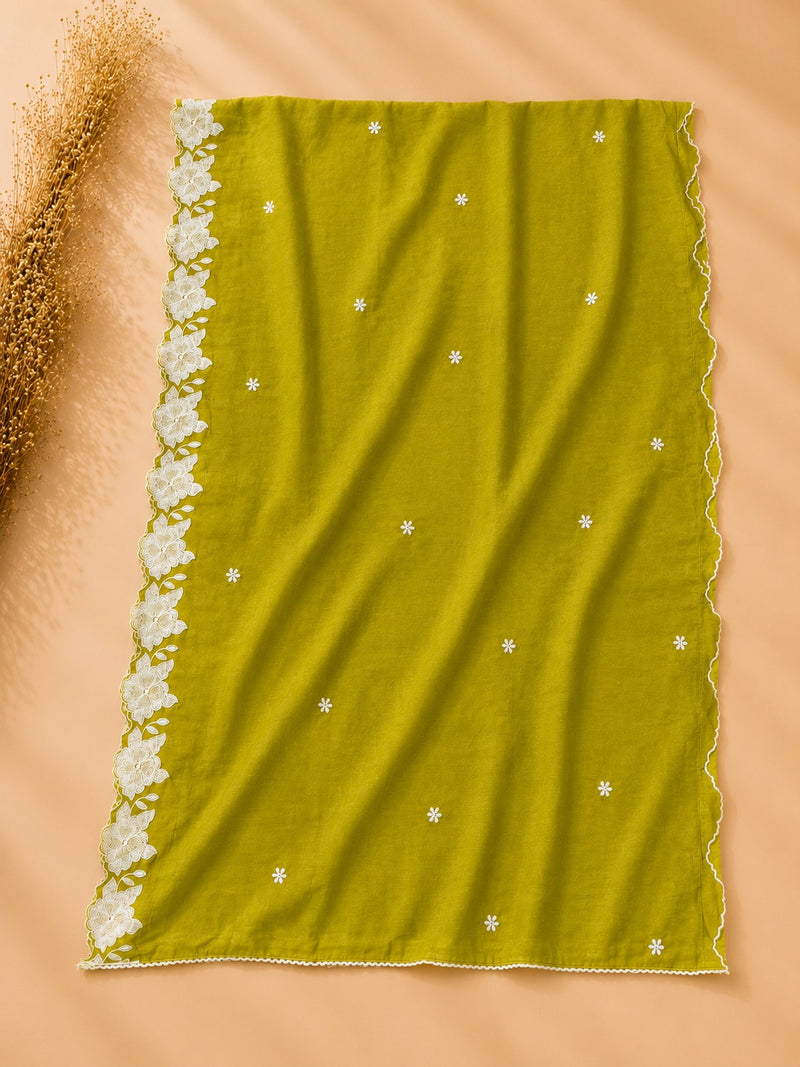 Olive Green Chikankari Cotton Suit Set with Embroidered Dupatta
