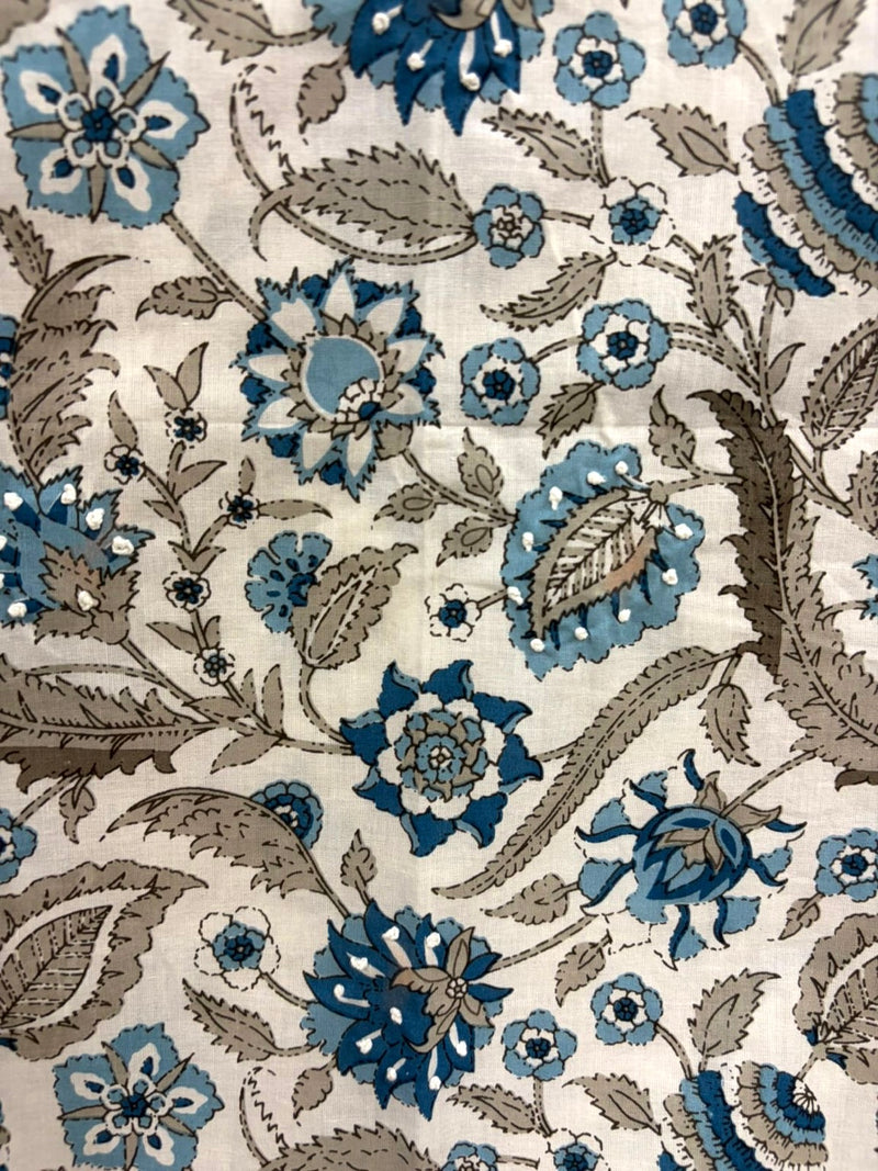 Ivory & Blue Pure Cotton Suit Set with Floral Handblock-Inspired Print
