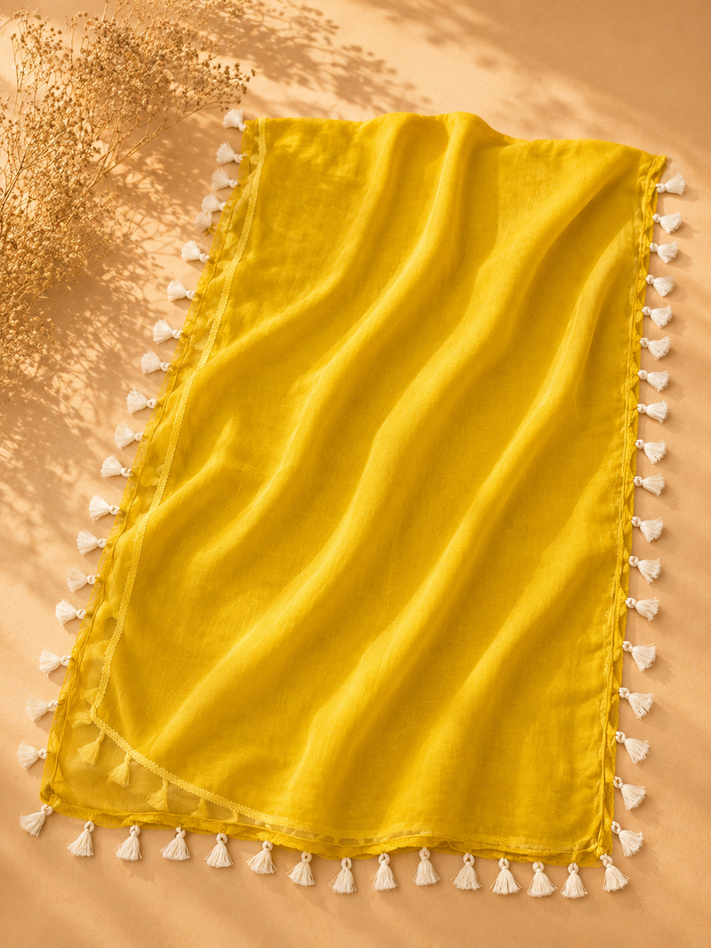Mustard Yellow Muslin Suit Set with Tassel Dupatta