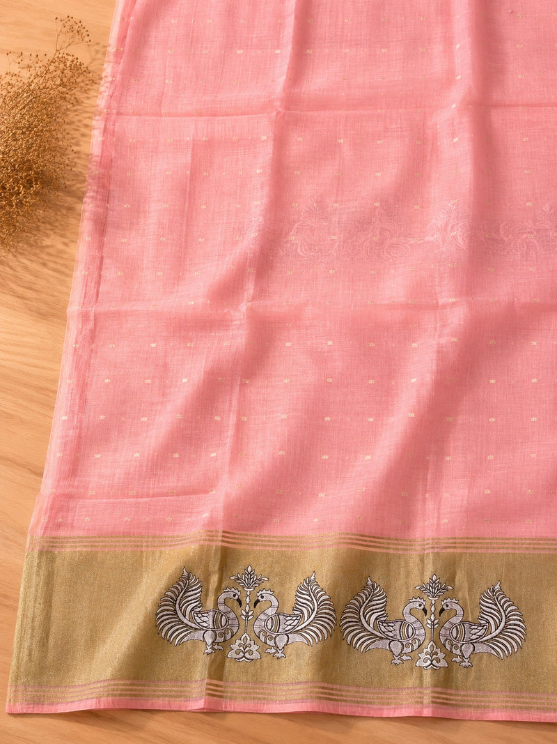 Blush Pink Linen Cotton Suit Set with Embroidered Dupatta
