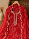 Ruby Red Self-Woven Tissue Jacquard Suit Set with Lace Detailed Dupatta