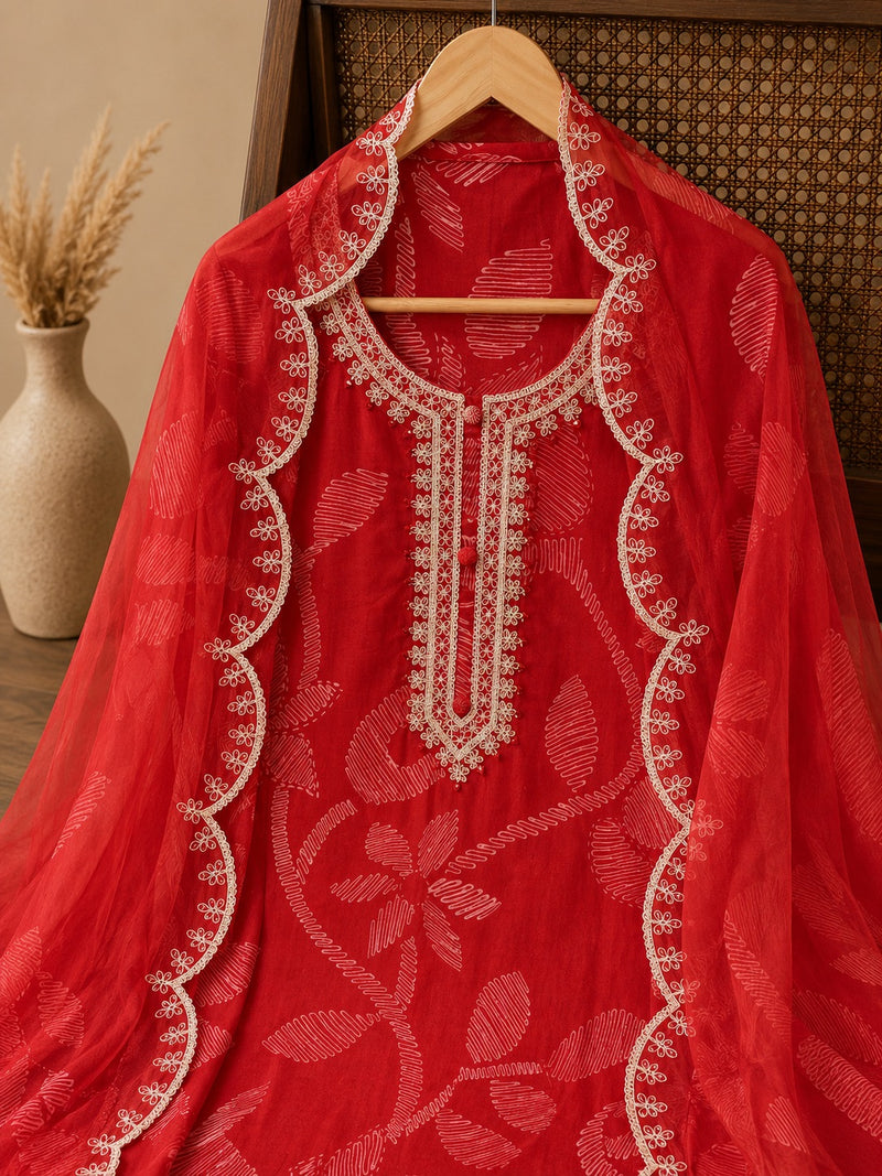 Ruby Red Self-Woven Tissue Jacquard Suit Set with Lace Detailed Dupatta
