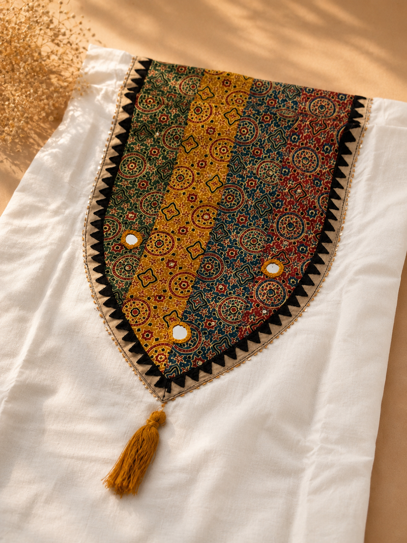 Ivory Pure Cotton Suit Set with Ajrakh Neckline & Textured Dupatta