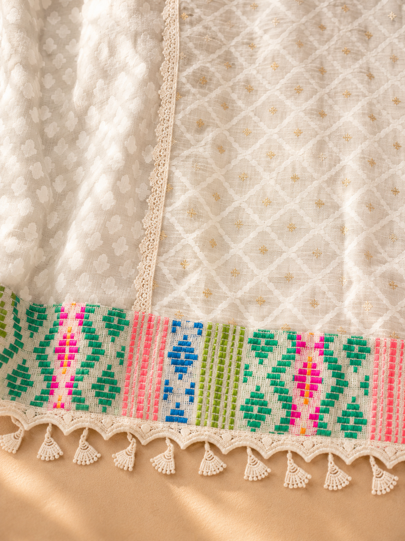 Ivory Mul Chanderi Suit Set with Embroidered Neckline & Woven Border