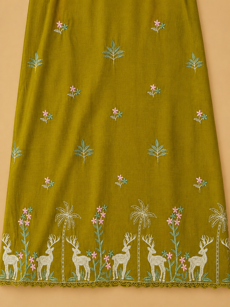 Olive Green Roman Silk Suit Set with Nature-Inspired Embroidery