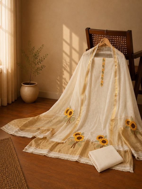 Ivory Linen Cotton Suit Set with Sunflower Embroidered Dupatta