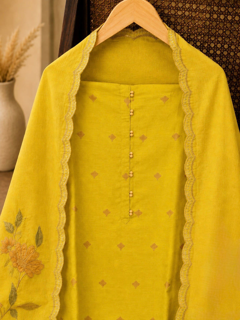 Lime Green Pure Ikkat Handloom Cotton Suit Set with Embroidered Cotton Dupatta