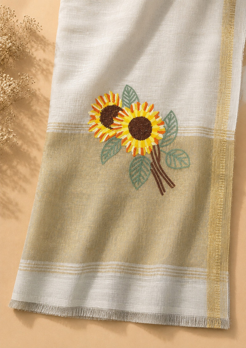 Ivory Linen Cotton Suit Set with Sunflower Embroidered Dupatta