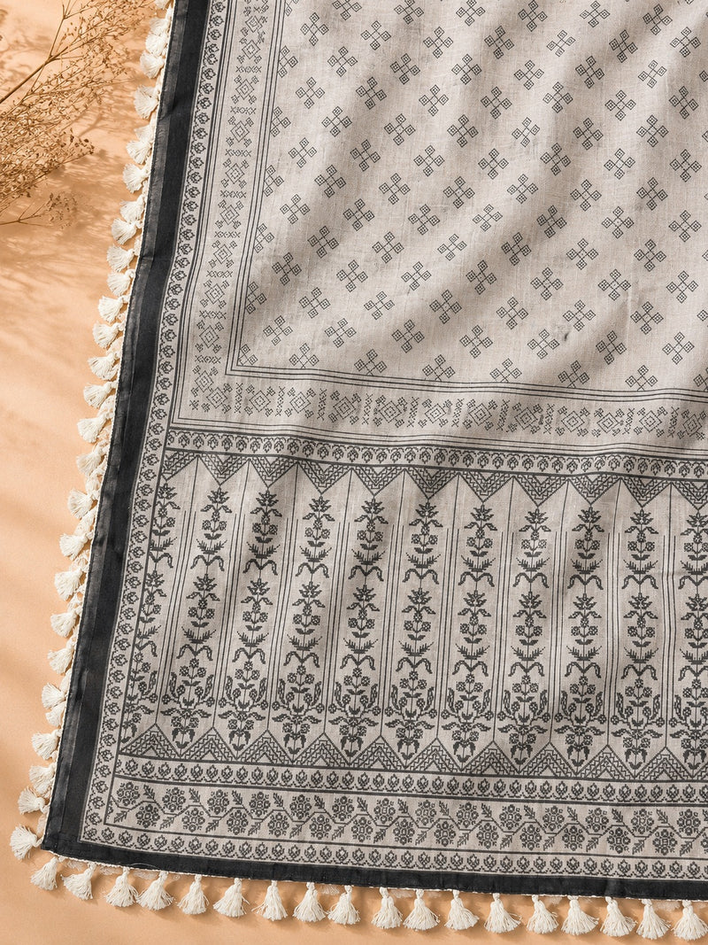 White Linen Mirror Work Suit Set with Printed Dupatta