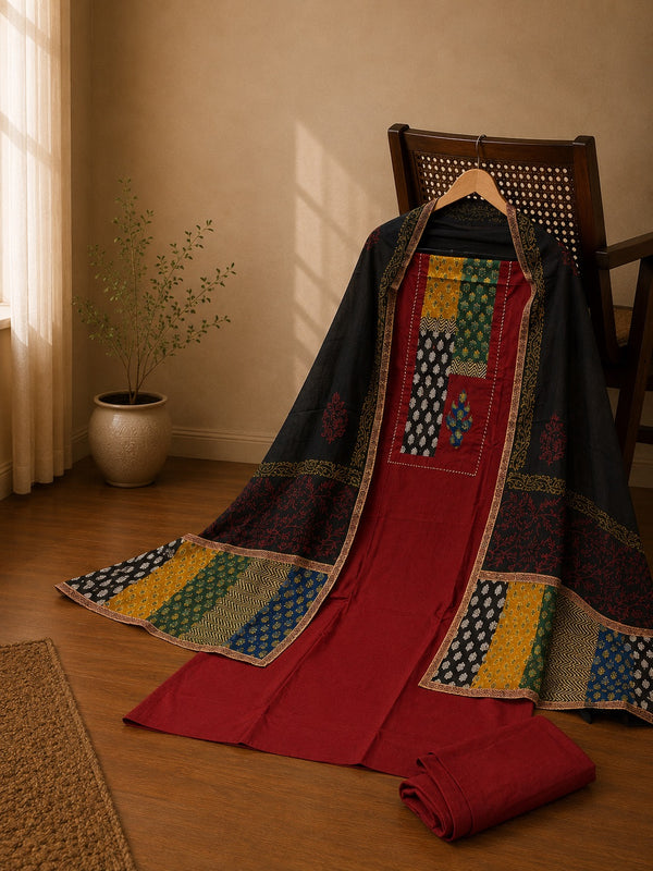 Ivory Linen Cotton Suit Set with Multicolor Embroidered Yoke & Printed Dupatta
