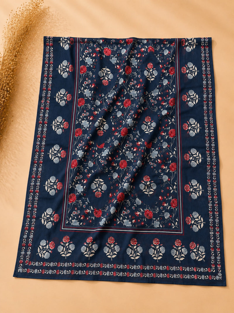 Navy Blue Floral Cotton Suit Set with Printed Dupatta