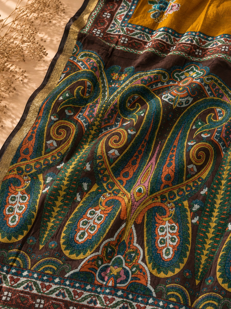 Premium Mustard Floral Printed Dress Material with Paisley Printed Dupatta | Unstitched Suit Set
