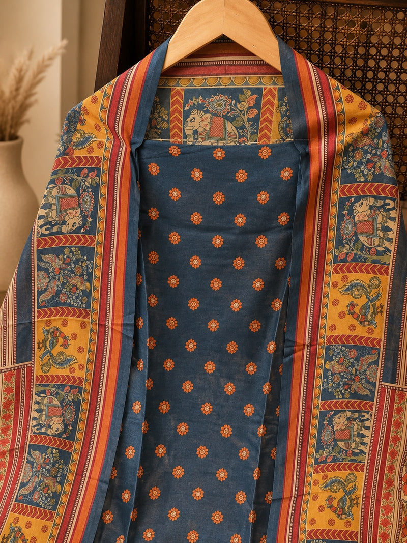Navy Blue Rajwada Silk Suit Set with Heritage Printed Dupatta