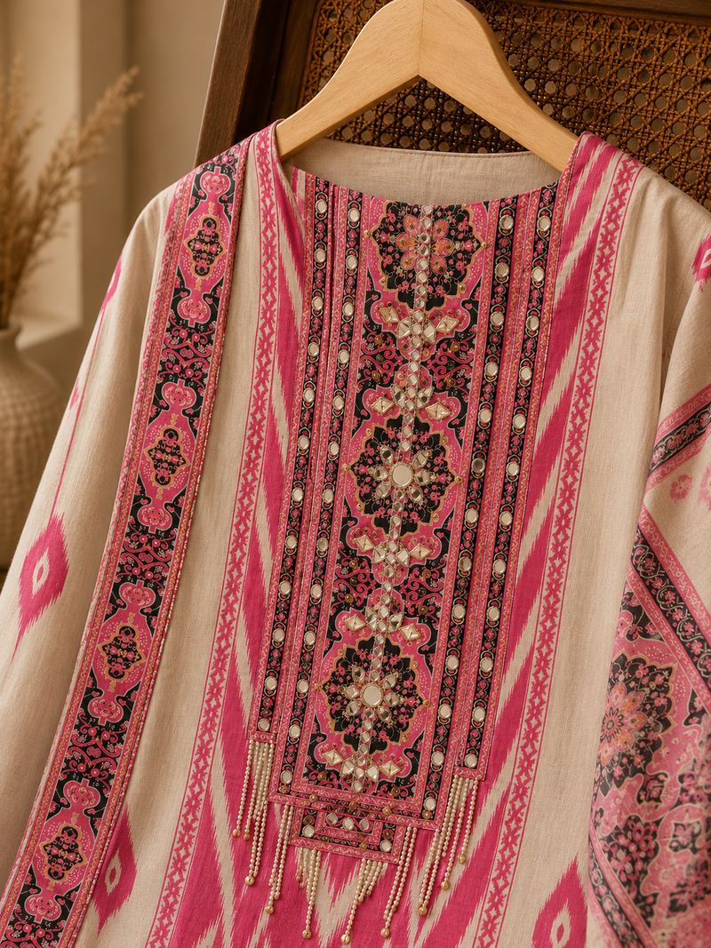Ivory Muslin Suit Set with Ikat-Inspired Dupatta & Mirror Work