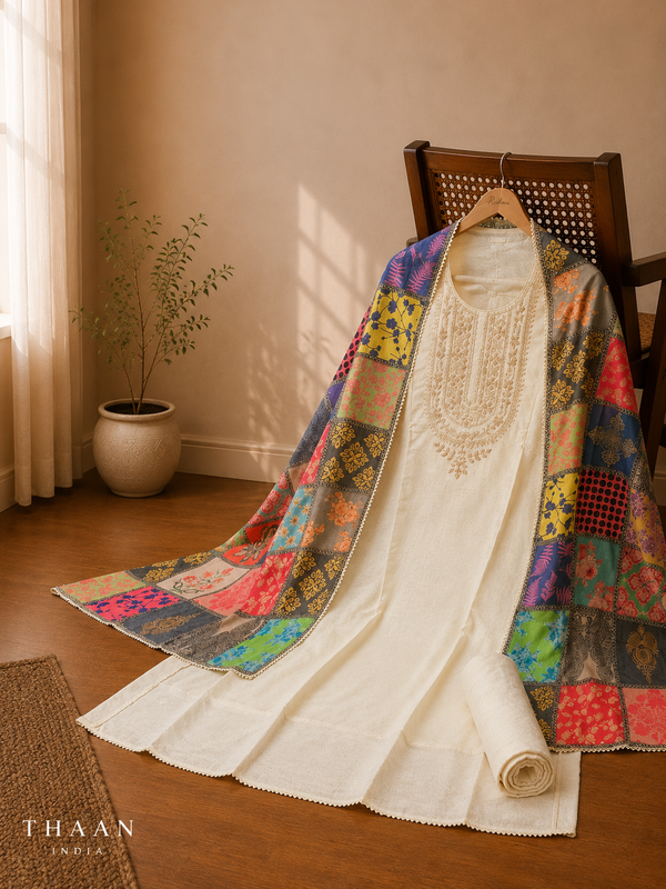 Ivory Tissue Shimmer Suit Set with Patchwork Printed Dupatta