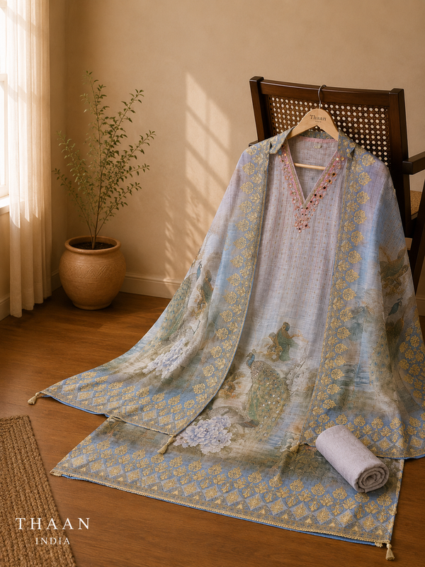 Powder Blue Linen Suit Set with Regal Peacock Print
