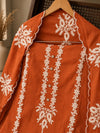Rust Cotton Embroidered Suit Set with Embroidered Kota Doria Dupatta