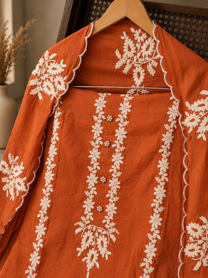Rust Cotton Embroidered Suit Set with Embroidered Kota Doria Dupatta