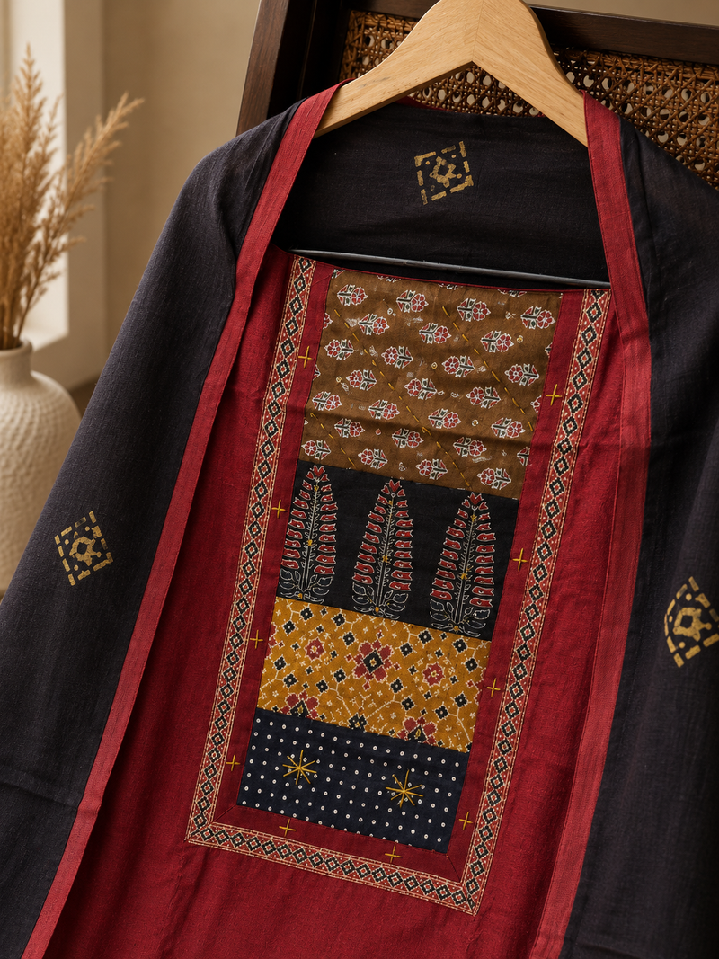 Midnight Patchwork Jaipur Cotton Unstitched Suit Set with Printed Dupatta