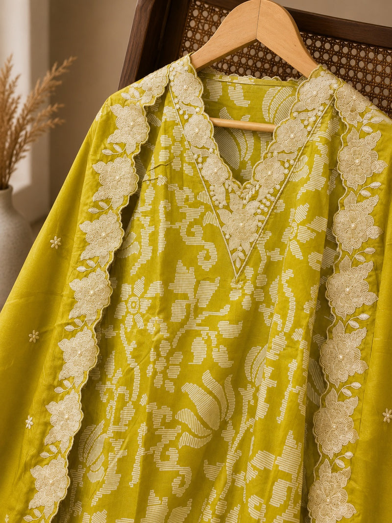 Olive Green Chikankari Cotton Suit Set with Embroidered Dupatta