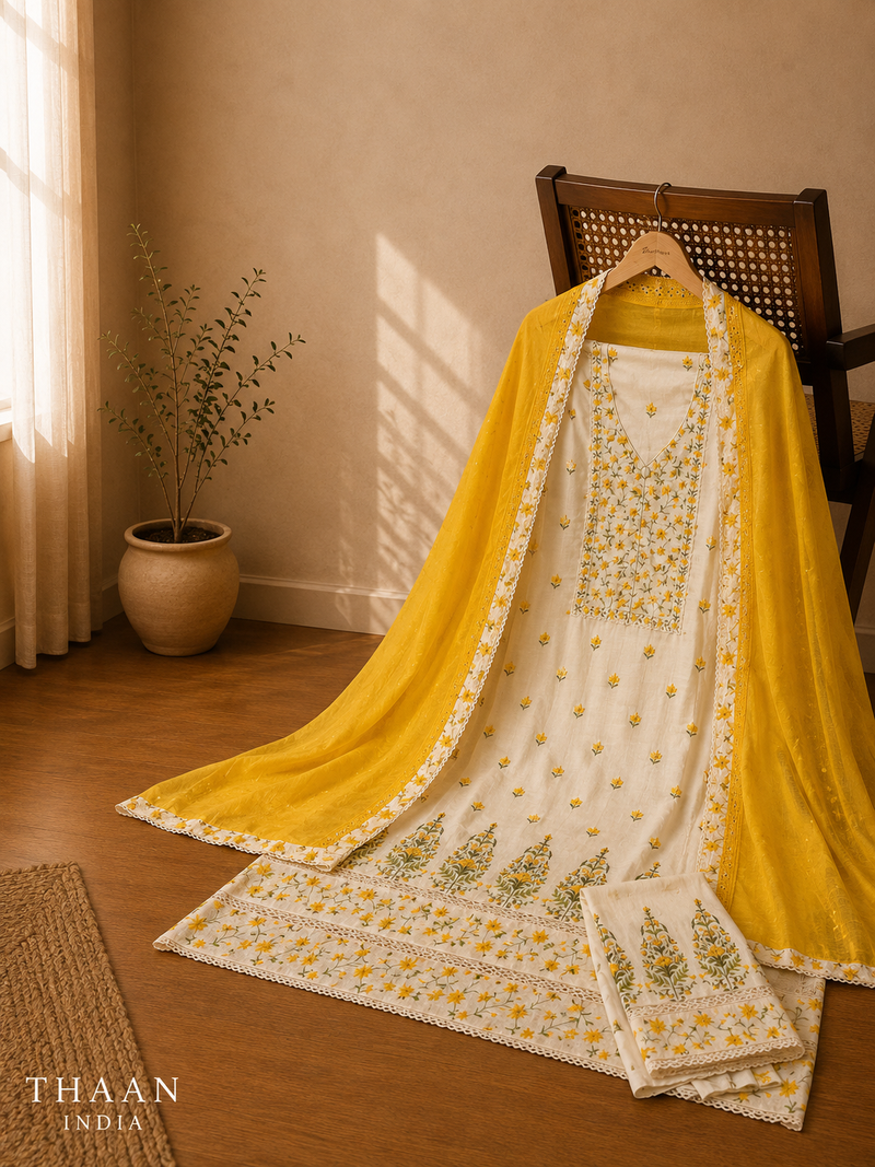 Sunshine Yellow Mul Cotton Suit Set with Floral Elegance