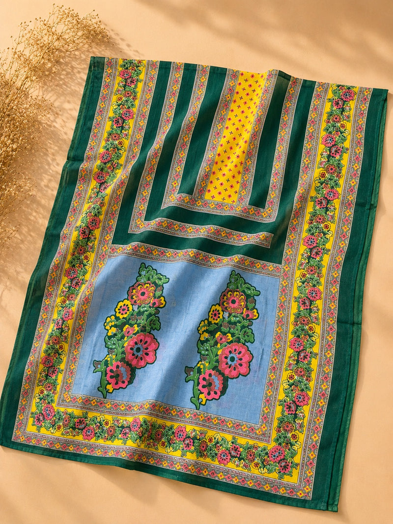 Jaam Cotton Printed Suit Set with Cotton Dupatta & Rayon Bottom – Emerald Green