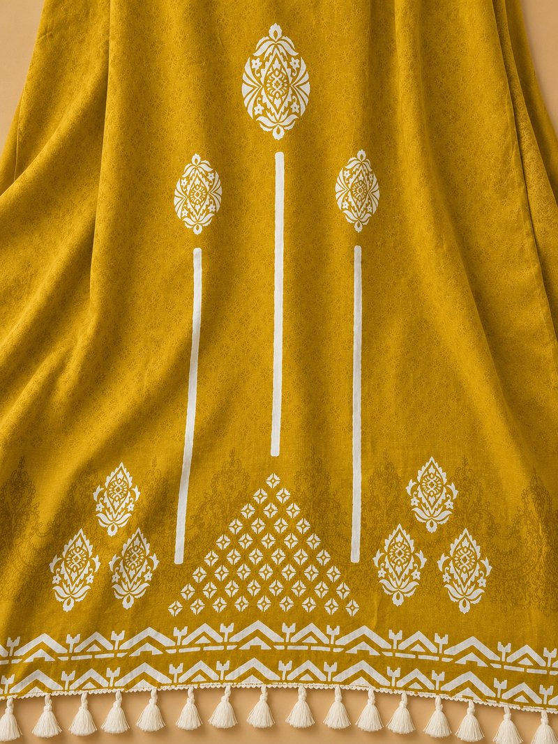 Mustard Yellow Muslin Suit Set with Tassel Dupatta
