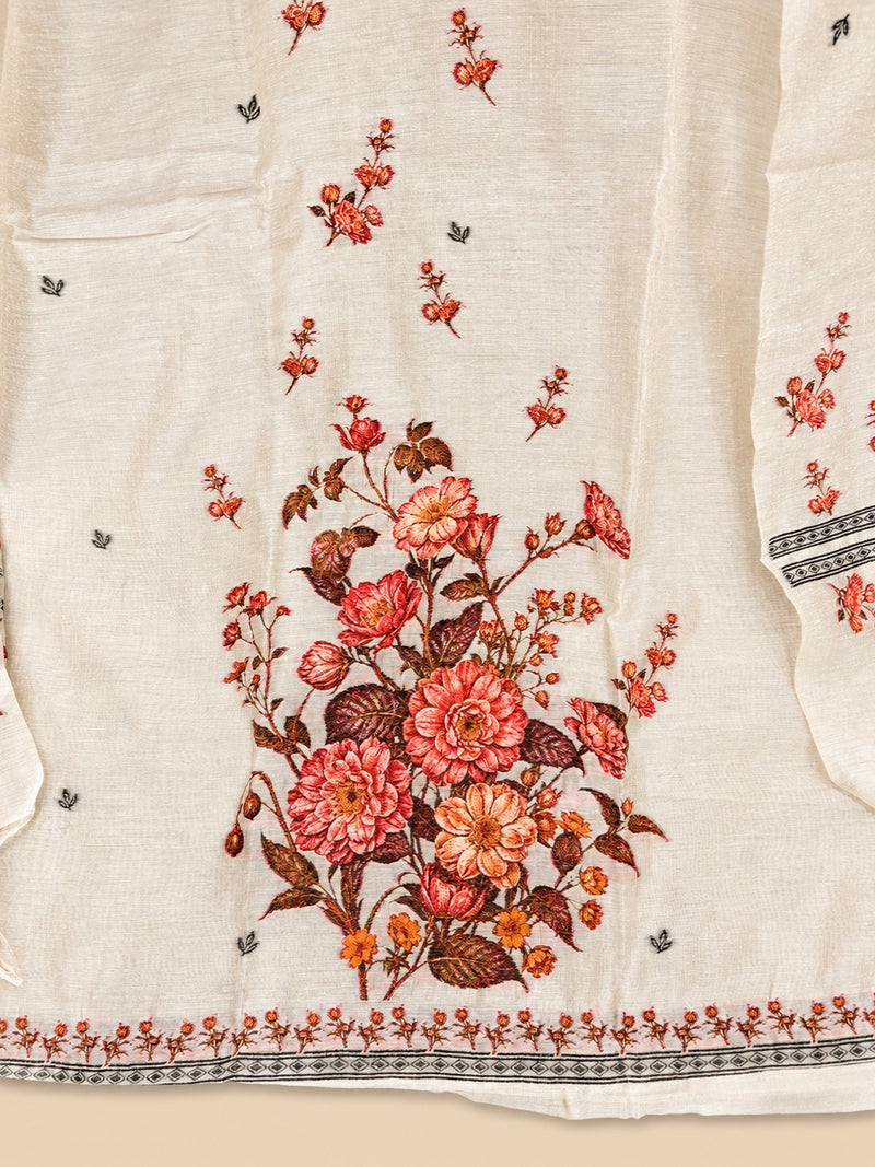 Off White Jamdani Silk Mirror Work Suit Set with Floral Dupatta