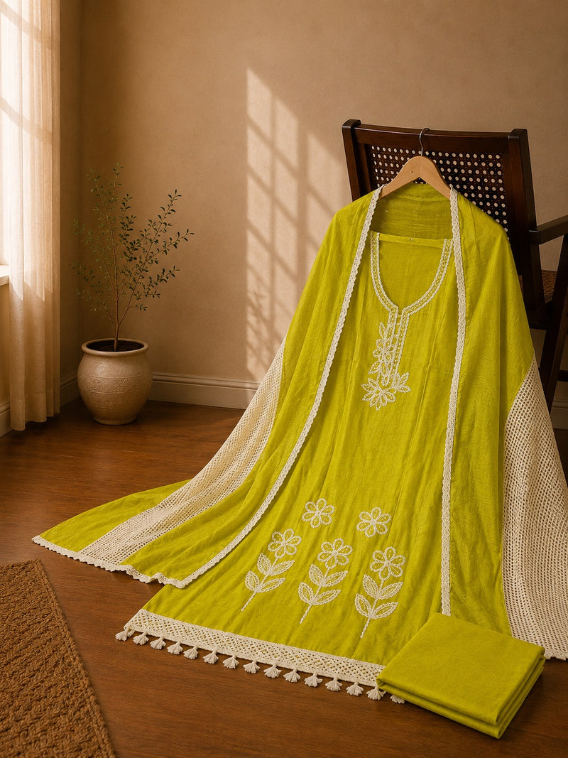 Lime Green Embroidered Kurta Set with Crochet Lace Dupatta