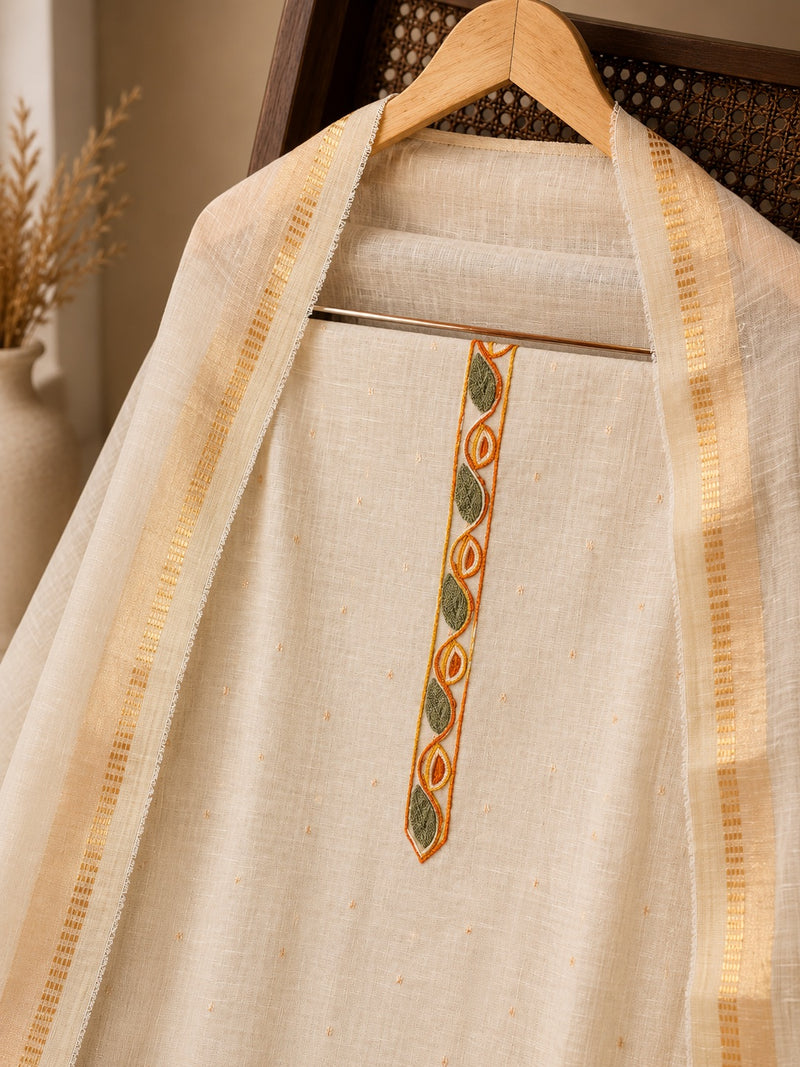 Ivory Linen Cotton Suit Set with Sunflower Embroidered Dupatta