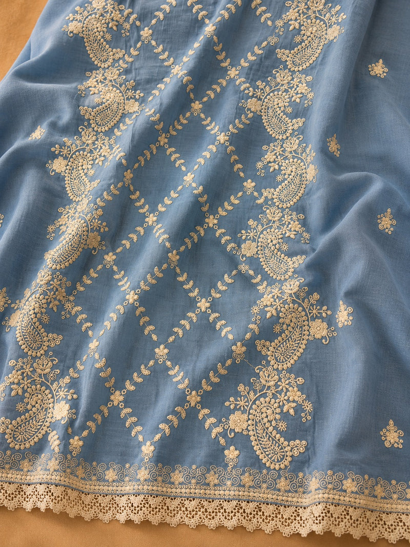 Premium Sky Blue Mul Cotton Embroidered Dress Material with Matching Mul Dupatta | Unstitched Salwar Suit Set