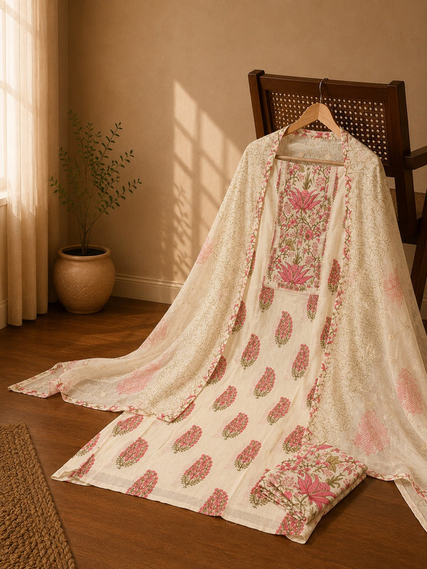 Ivory Floral Cotton Suit Set with Printed Dupatta
