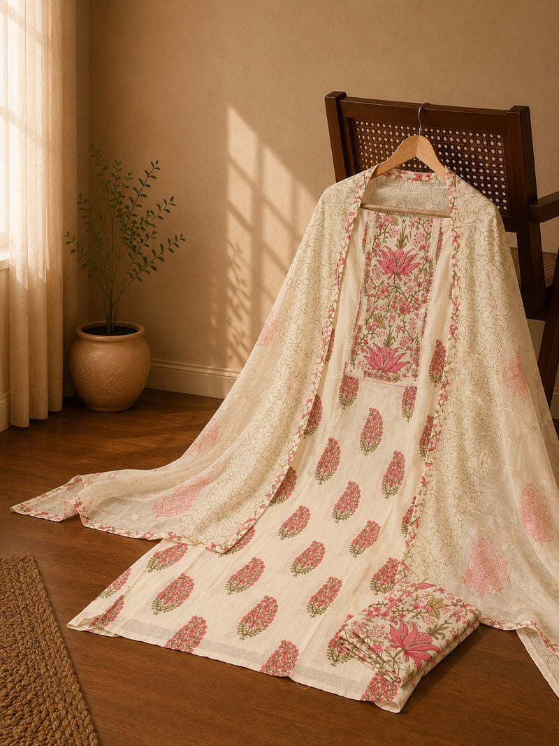 Ivory Floral Cotton Suit Set with Printed Dupatta