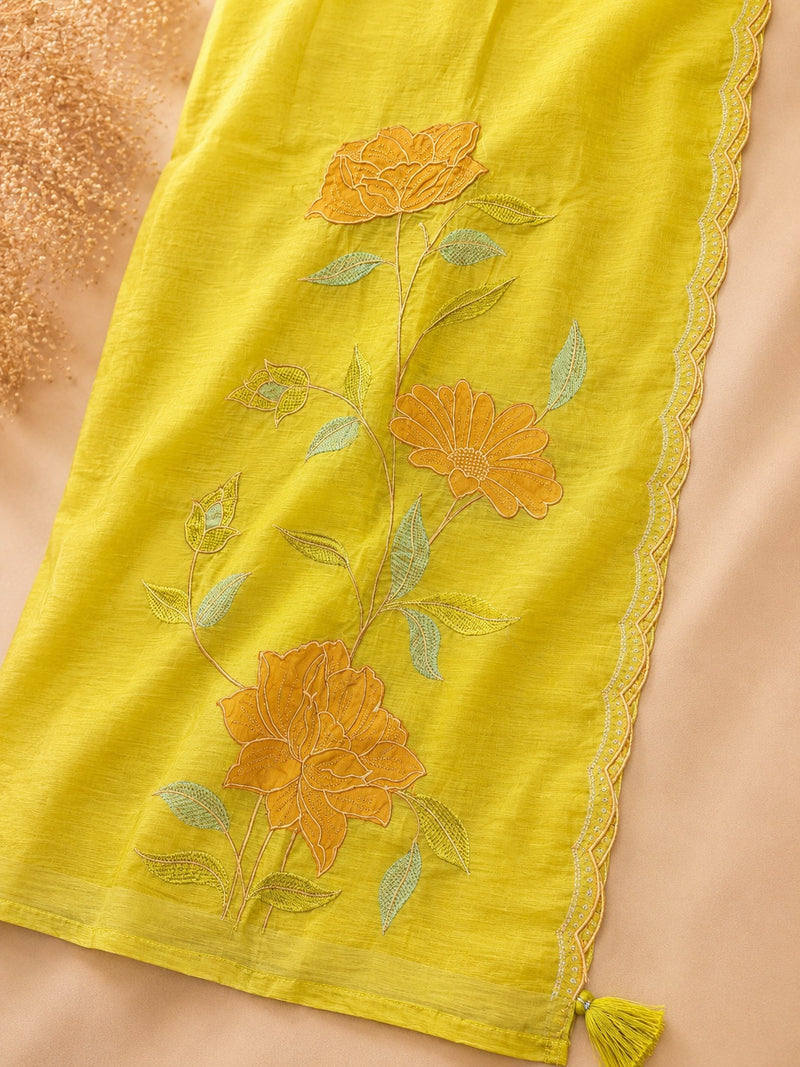 Lime Green Pure Ikkat Handloom Cotton Suit Set with Embroidered Cotton Dupatta