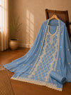 Premium Sky Blue Mul Cotton Embroidered Dress Material with Matching Mul Dupatta | Unstitched Salwar Suit Set