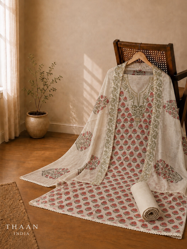Ivory Pure Cotton Suit Set with Floral Buti Print & Embroidered Dupatta