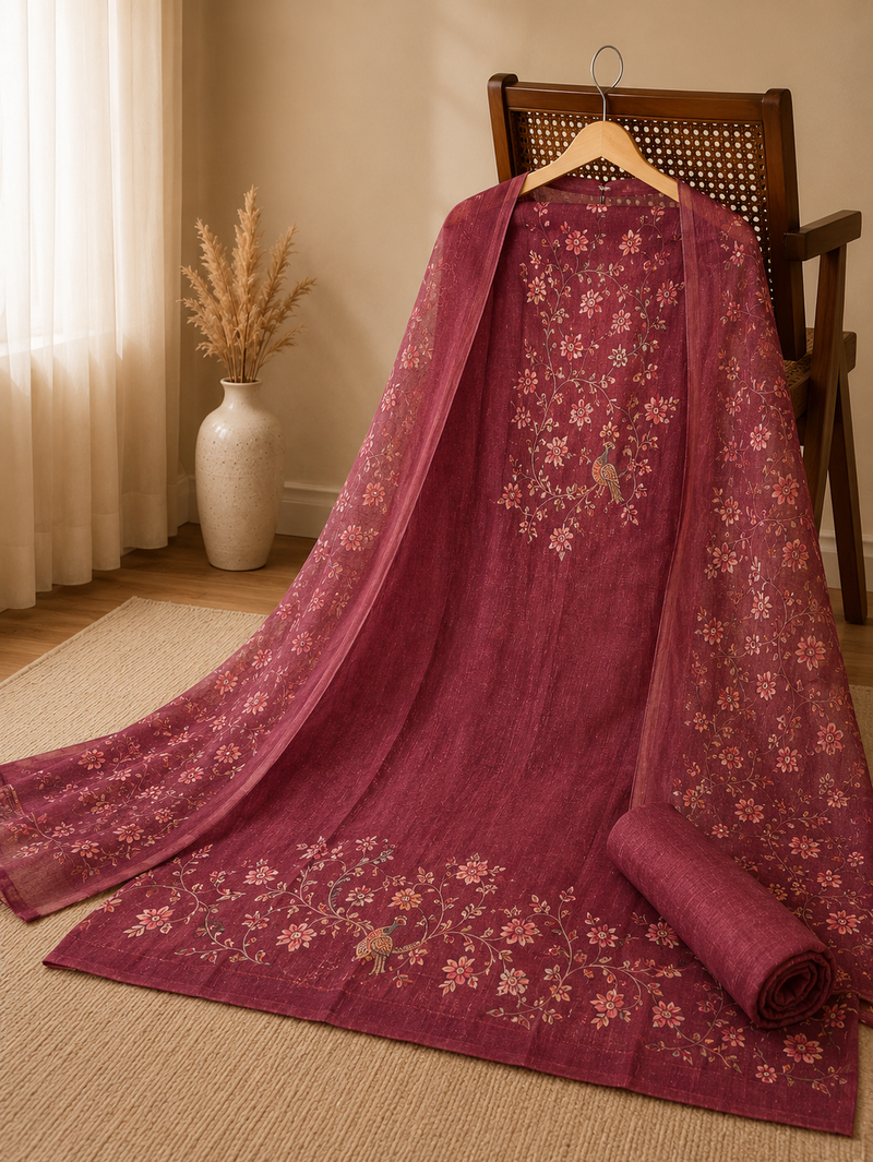 Gulnaar Peacock Print Mul Chanderi Unstitched Suit Set with Printed Dupatta