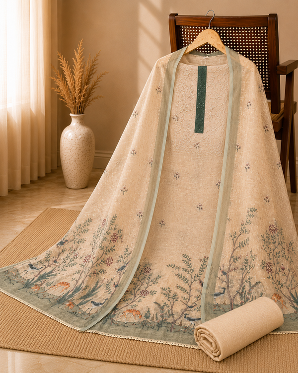 Woodland Whisper Beige Linen Blend Unstitched Suit Set