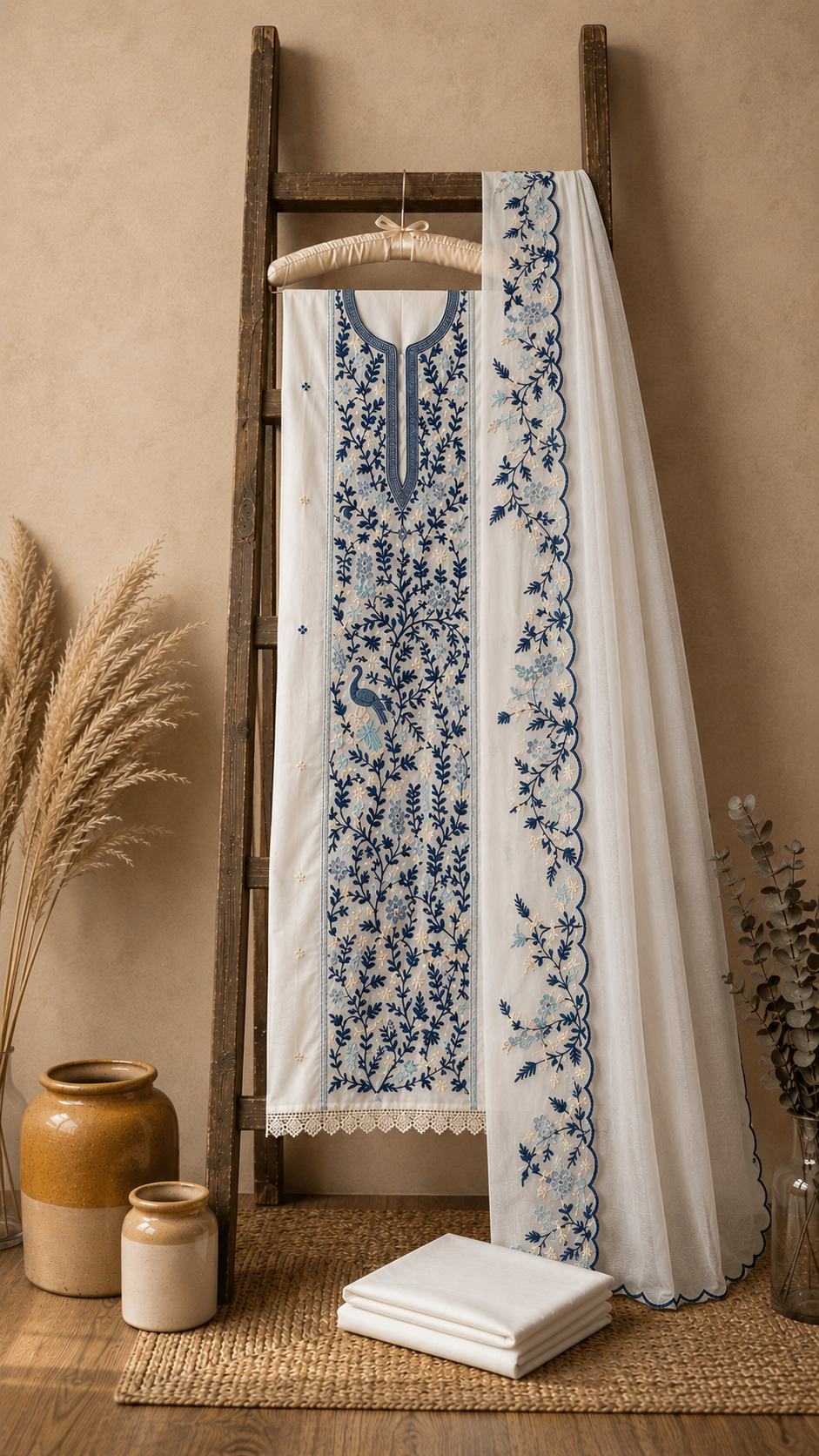Elegant White & Blue Embroidered Cotton Suit Set with Dupatta