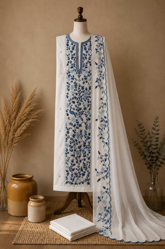 Elegant White & Blue Embroidered Cotton Suit Set with Dupatta