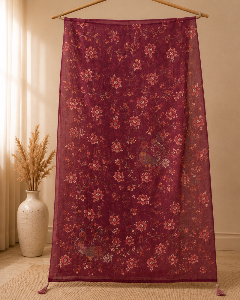 Gulnaar Peacock Print Mul Chanderi Unstitched Suit Set with Printed Dupatta